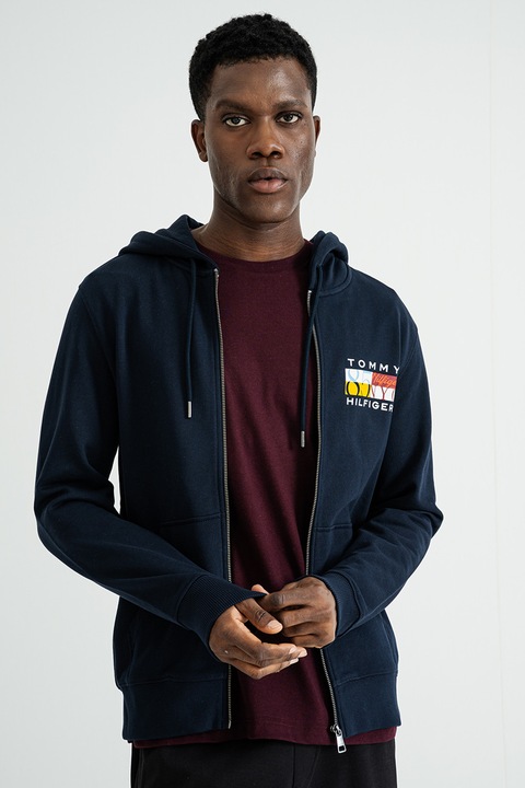 Tommy Hilfiger, Hanorac cu fermoar si logo, Bleumarin