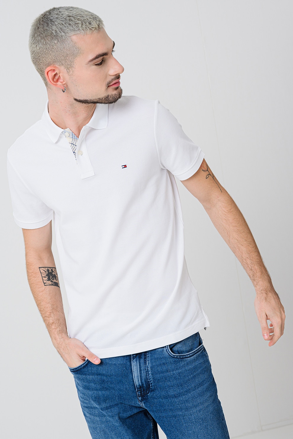 Tommy Hilfiger, Tricou polo din amestec de bumbac organic, Alb optic, XL