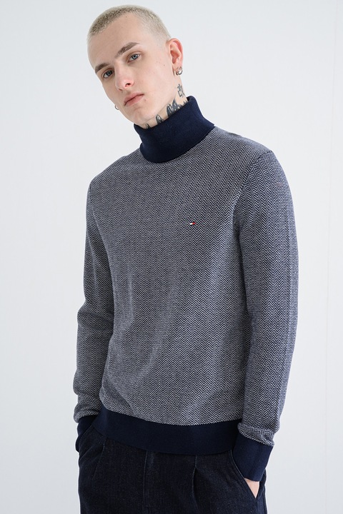 Tommy Hilfiger, Halszálkamintás kasmírtartalmú pulóver, Fehér/Tengerészkék