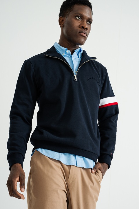 Tommy Hilfiger, Bluza de trening din amestec de bumbac organic cu fenta cu fermoar, Albastru ultramarin