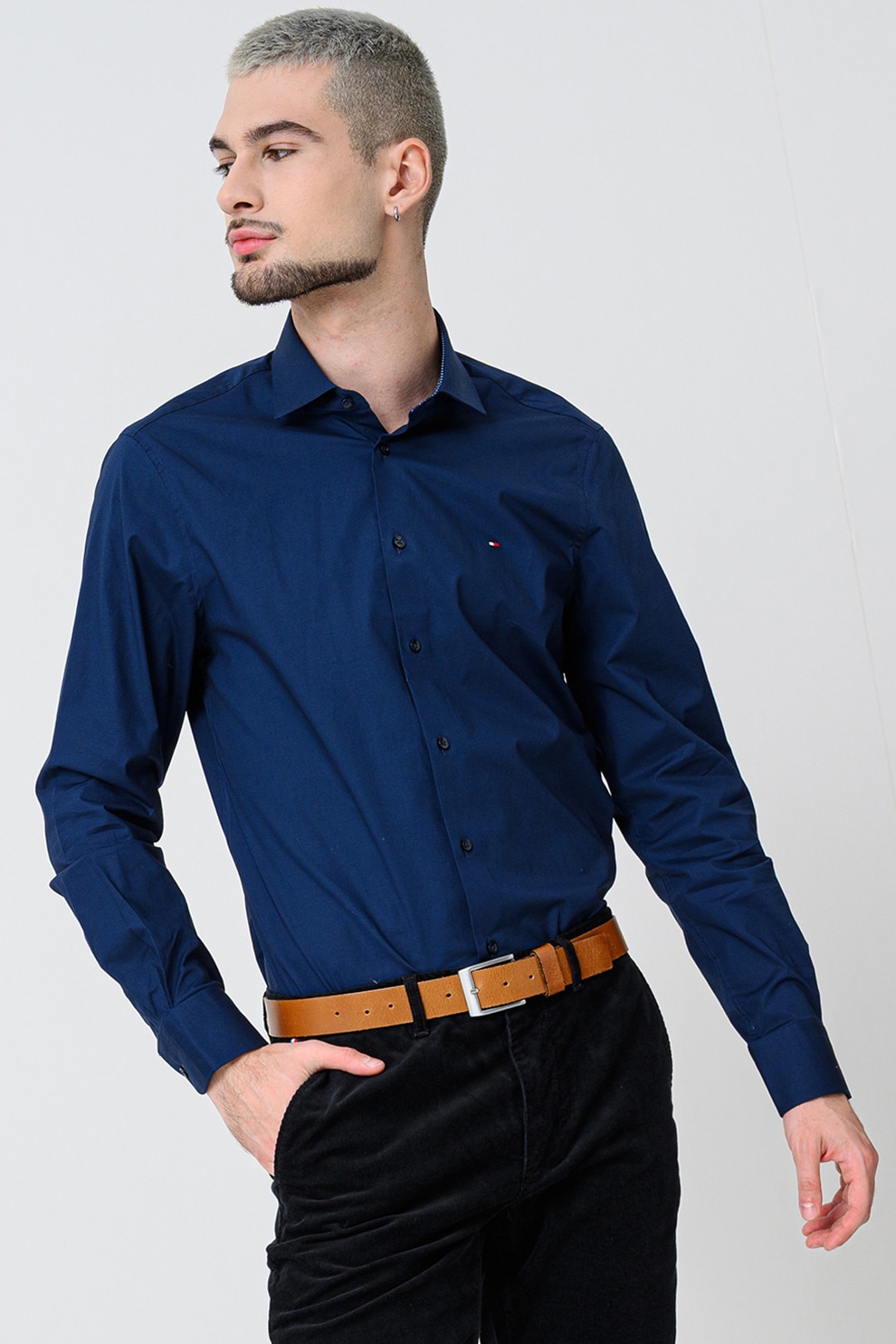 Tommy Hilfiger, Camasa slim fit din amestec de bumbac, Bleumarin, 40