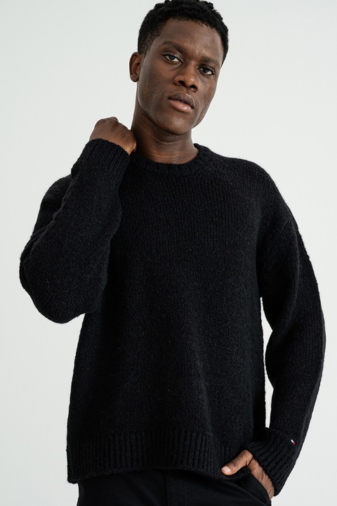 Tommy Hilfiger, Пуловер с вълна алпака с паднали ръкави, Черен