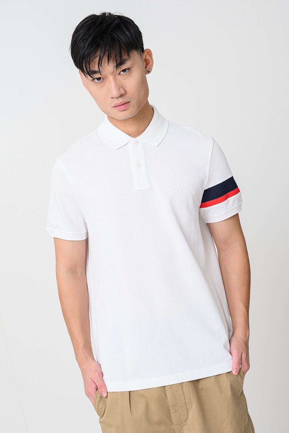 Tommy Hilfiger, Tricou polo din amestec de bumbac organic, Rosu, Alb, Albastru ultramarin, L