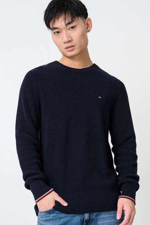 Tommy Hilfiger, Szűk fazonú organikuspamut pulóver, Sötétkék