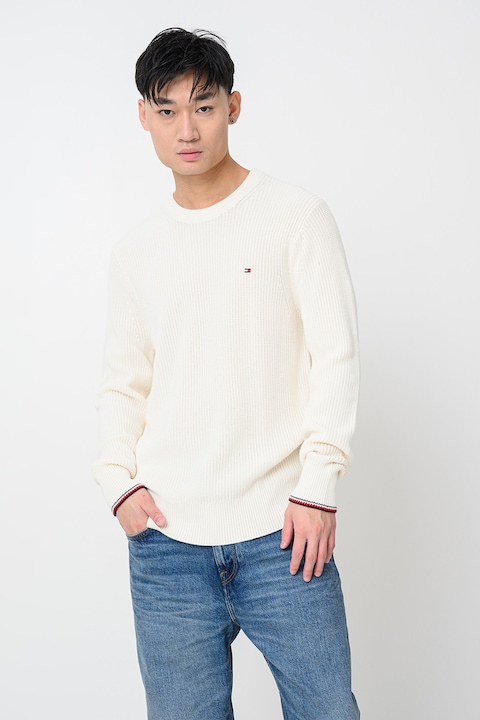 Tommy Hilfiger, Szűk fazonú organikuspamut pulóver, Törtfehér