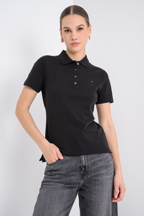Tommy Hilfiger, Tricou polo cu croiala slim-fit si logo, Negru/Negru stins