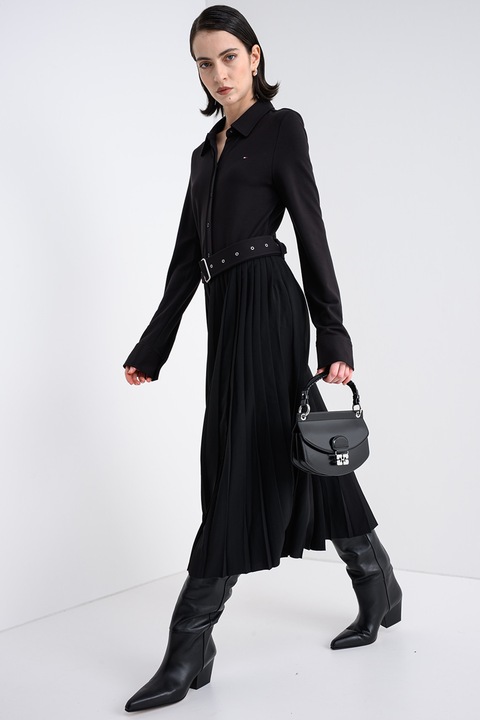 Tommy Hilfiger, Плисирана рокля с дълги ръкави и колан, Черен