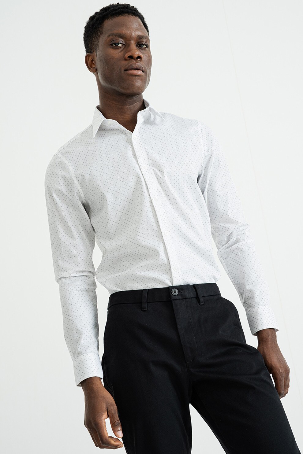 CALVIN KLEIN, Camasa slim-fit cu mansete cu nasturi, Negru, Alb optic, 39