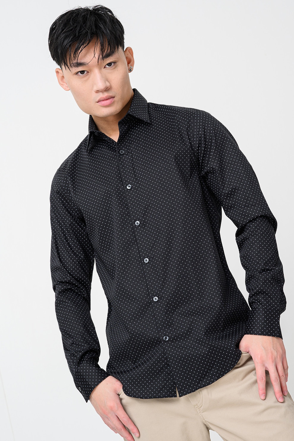 CALVIN KLEIN, Camasa slim-fit cu mansete cu nasturi, Alb, Negru, 39