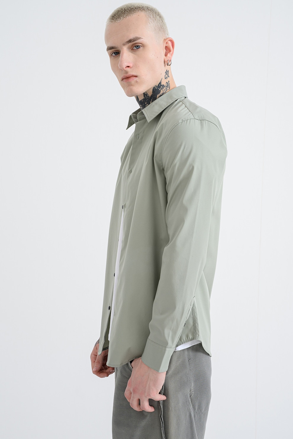 CALVIN KLEIN, Camasa din amestec de bumbac cu model uni si guler ascutit, Verde fistic, L