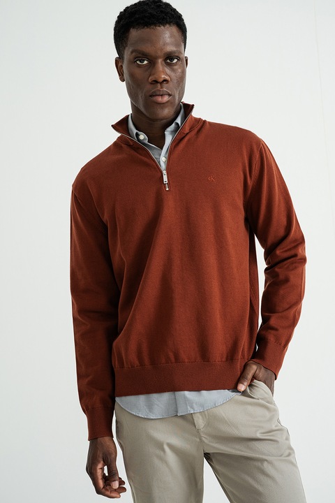 CALVIN KLEIN, Pamutpulóver cipzáros nyakkivágással, Fahéjbarna