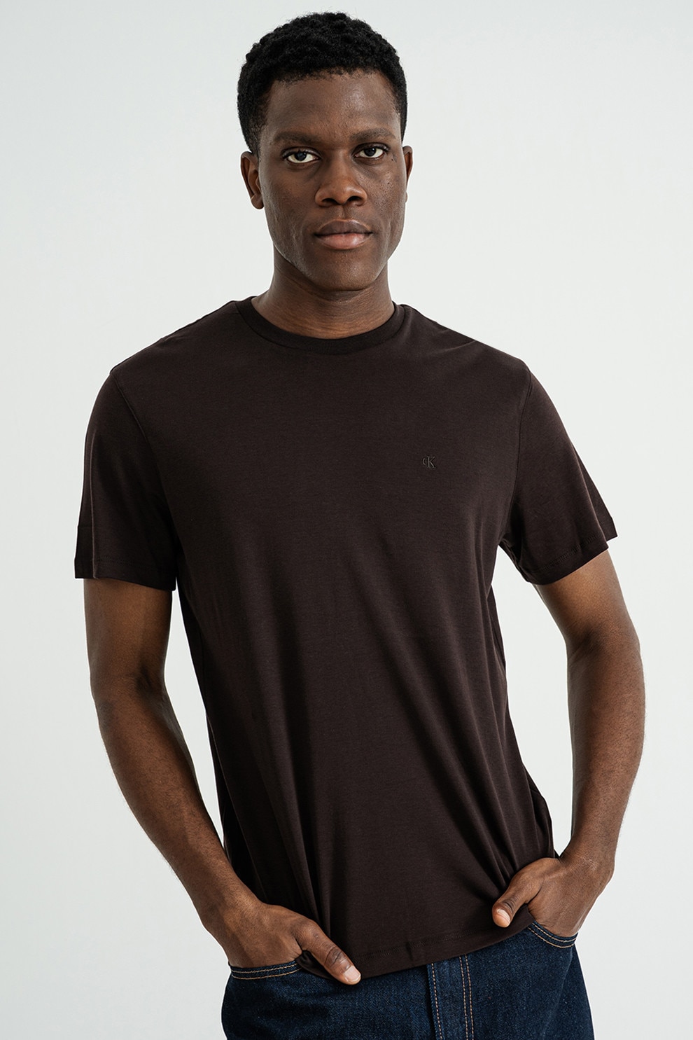 CALVIN KLEIN, Tricou regular fit cu decolteu la baza gatului, Maro inchis, L