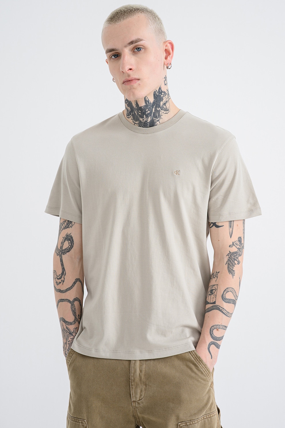CALVIN KLEIN, Tricou regular fit cu decolteu la baza gatului, Kaki, S