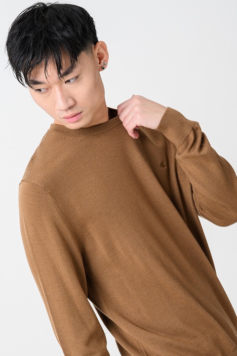 CALVIN KLEIN, Kerek nyakú gyapjúpulóver, Karamellbarna