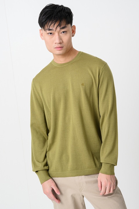 CALVIN KLEIN, Kerek nyakú gyapjúpulóver, Olívazöld