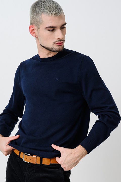 CALVIN KLEIN, Вълнен пуловер с овално деколте, Ултрамарин синьо