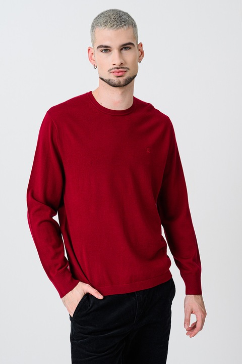 CALVIN KLEIN, Вълнен пуловер с овално деколте, Тъмночервен