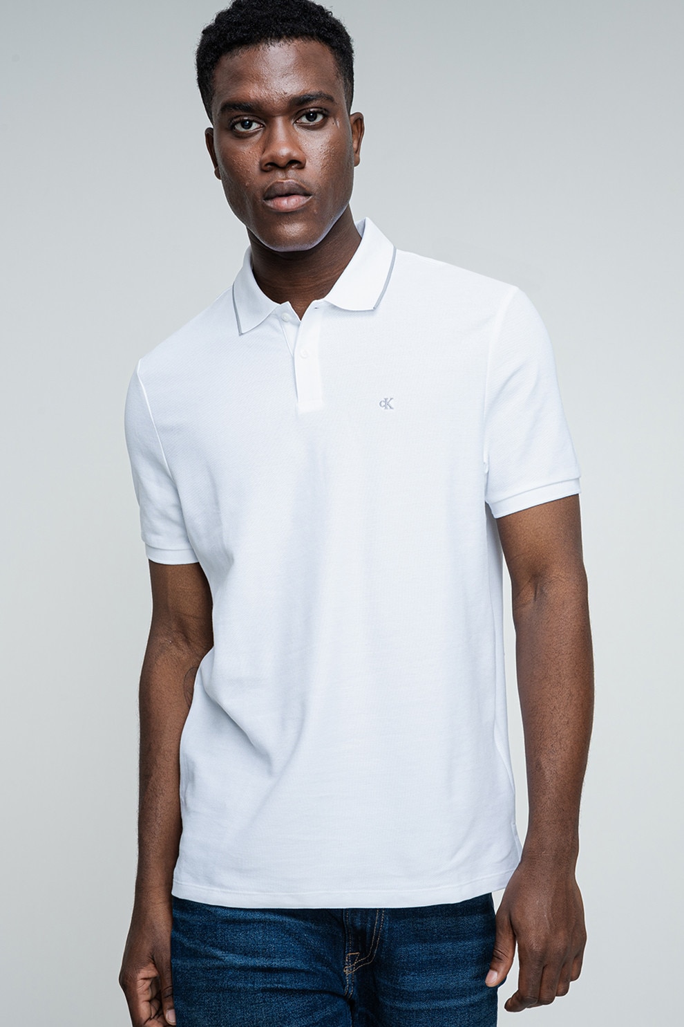CALVIN KLEIN, Tricou polo din bumbac pique, Gri, Alb optic, L
