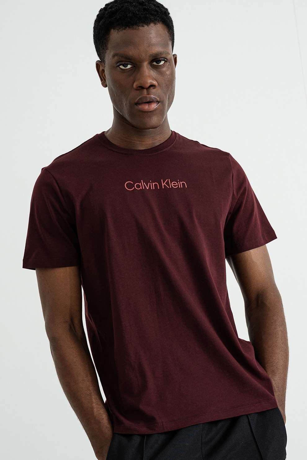 CALVIN KLEIN, Tricou cu decolteu la baza gatului si imprimeu logo, Visiniu, S