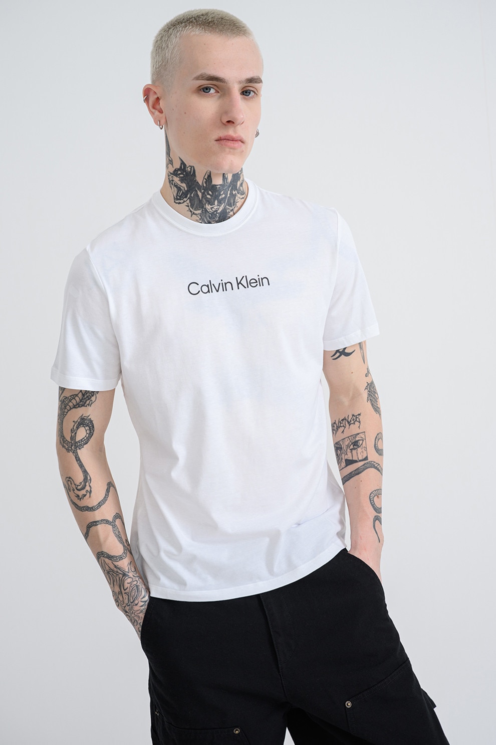 CALVIN KLEIN, Tricou cu decolteu la baza gatului si imprimeu logo, Alb, M