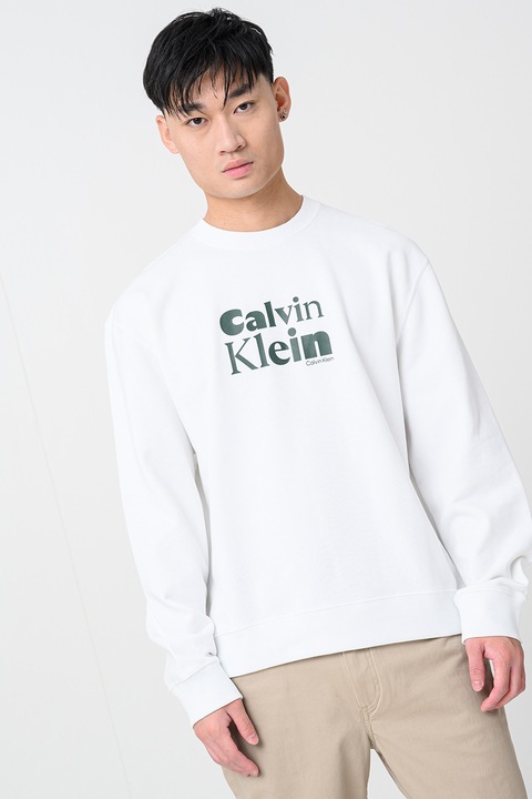 CALVIN KLEIN, Bluza de trening cu imprimeu logo, Negru/Alb murdar