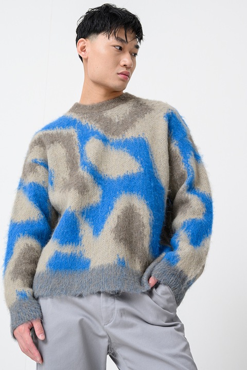 CALVIN KLEIN, Пуловер с овално деколте, Кралско Синьо/Светлокафяв/Камел, 2XL