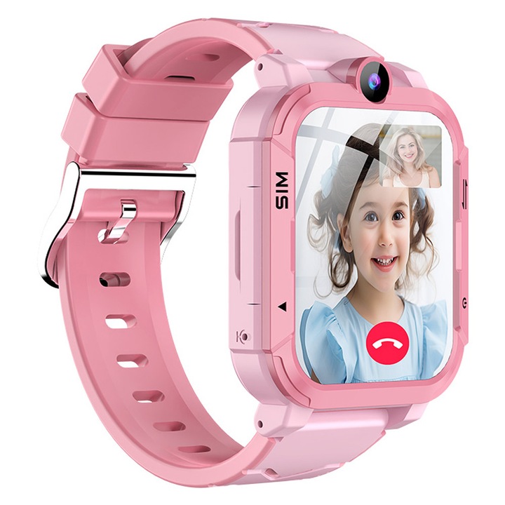 Okosóra gyerekeknek, 4G kapcsolat, 1.69" érintőképernyő, LBS+WiFi helymeghatározás, SIM kártya, SOS funkció, kamera, videóhívás, nagy kapacitású akkumulátor, vízálló, gyorshívás, okos funkciók, oktató játékok, TOIITKQ, rózsaszín