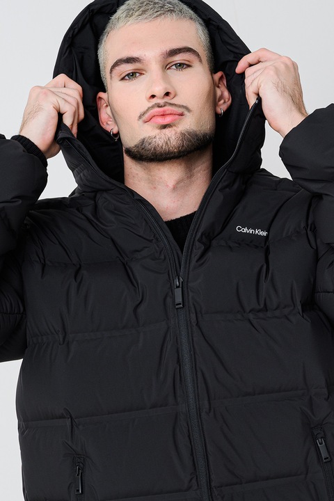 CALVIN KLEIN, Kapucnis steppelt télikabát, Fekete