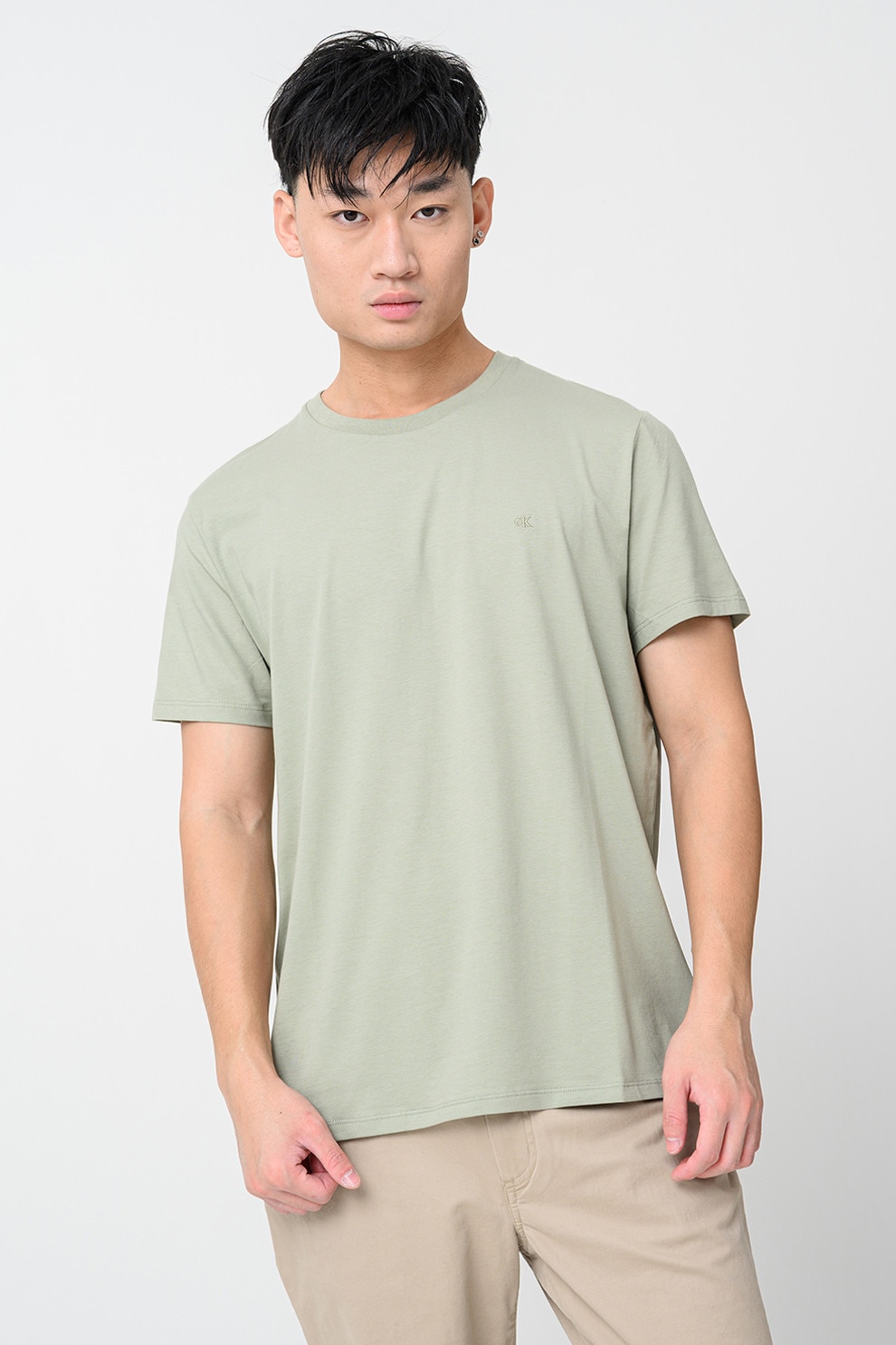 CALVIN KLEIN, Tricou uni cu decolteu la baza gatului, Verde pal, S