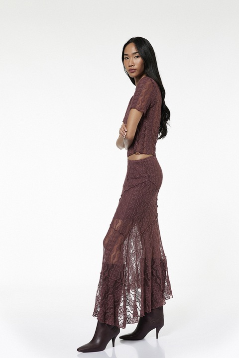 KOTON, Fusta maxi cu strat exterior de dantela, Visiniu