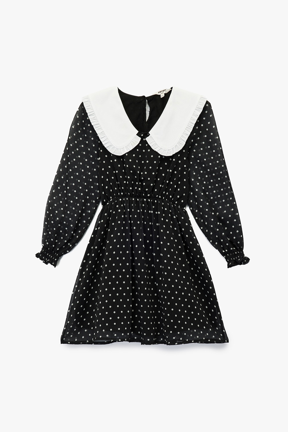 KOTON, Rochie cu maneci lungi si guler doll, Alb, Negru, 122-128 CM
