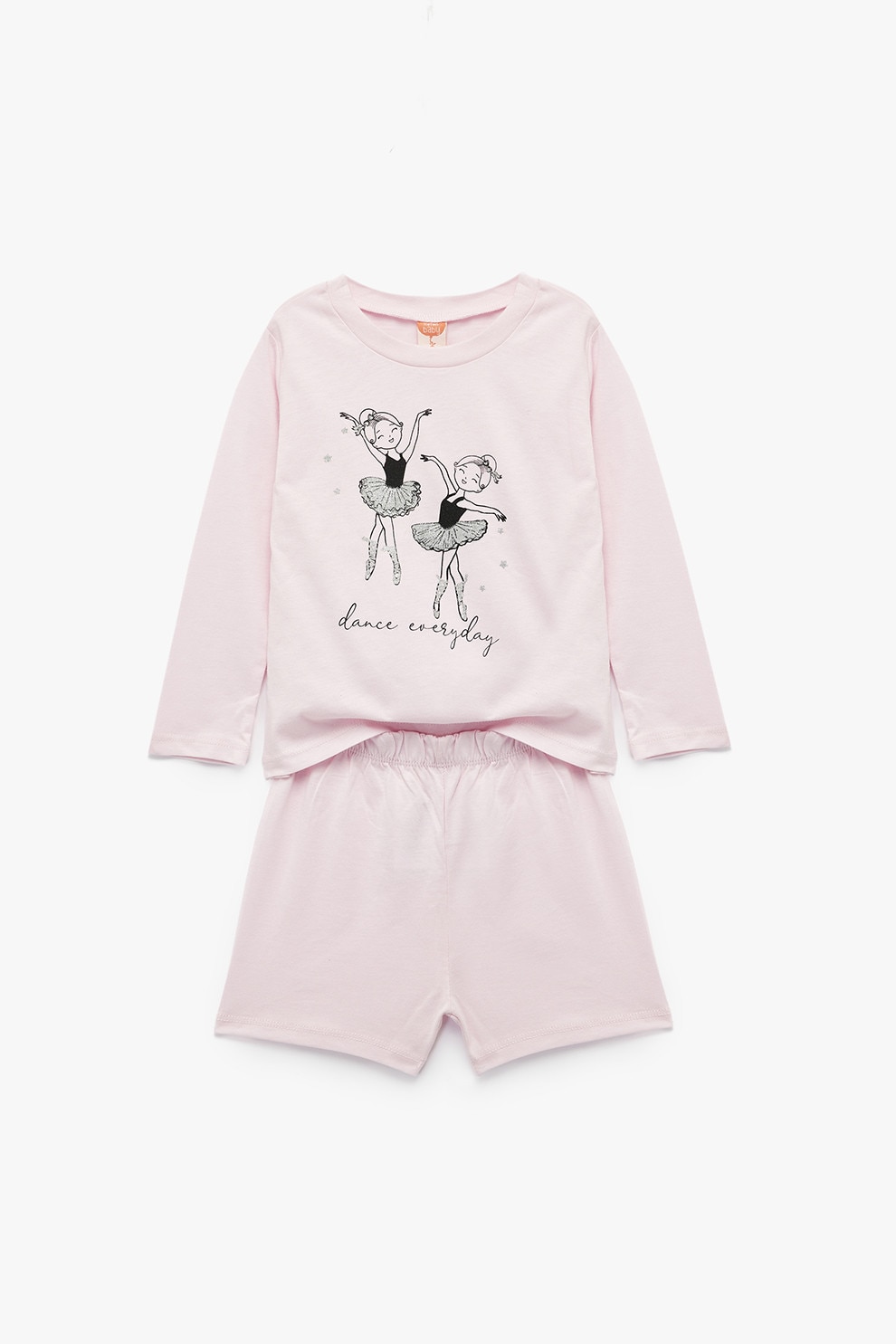 KOTON, Set de pantaloni scurti din bumbac cu talie elastica si bluza cu maneci lungi - 2 piese, Roz somon, 92-98 CM