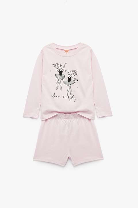 KOTON, Set de pantaloni scurti din bumbac cu talie elastica si bluza cu maneci lungi - 2 piese, Roz somon