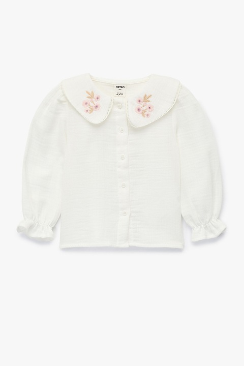 KOTON, Camasa din bumbac cu design floral si nasturi, Piersica/Alb optic, 98-104 CM