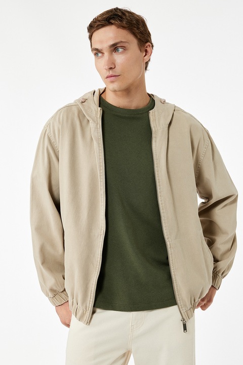 KOTON, Jacheta din denim cu gluga si buzunare laterale, Verde pal