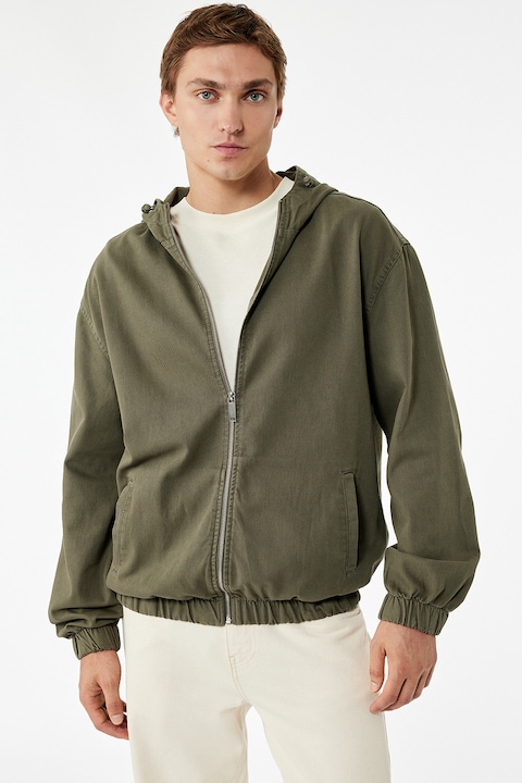 KOTON, Jacheta din denim cu gluga si buzunare laterale, Kaki pal