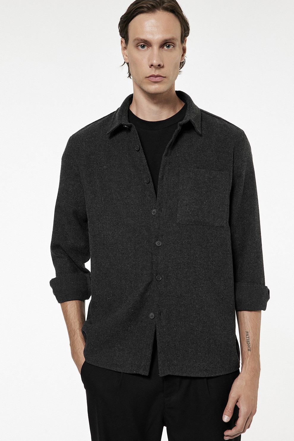 KOTON, Camasa regular-fit cu buzunar pe piept, Negru stins, L