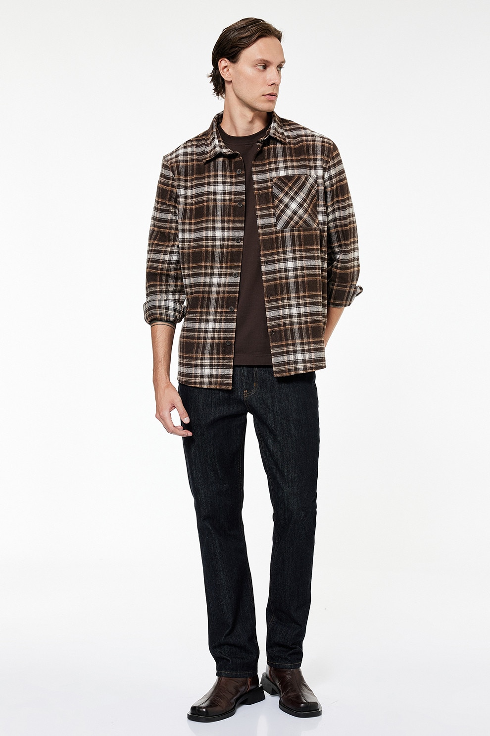 KOTON, Camasa cu model in carouri si buzunar pe piept, Alb, Maro inchis, Bej, S