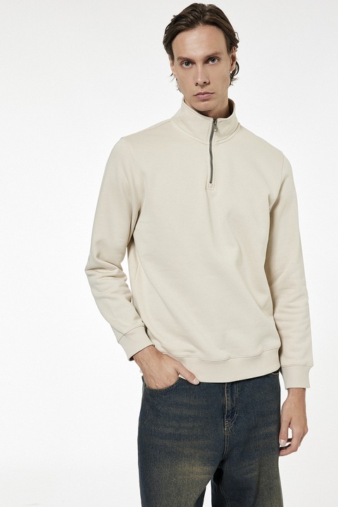 KOTON, Bluza de trening cu fenta cu fermoar si model uni, Alb fildes