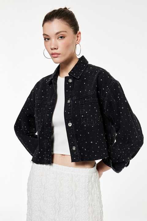 KOTON, Jacheta crop din denim cu aplicatii din strasuri, Negru stins, L