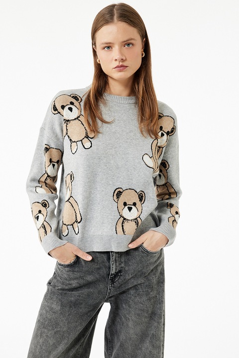 KOTON, Pulover tricotat cu imprimeu grafic, Gri melange, M