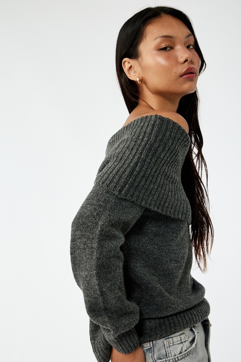 KOTON, Pulover regular-fit cu decolteu pe umeri, Gri inchis melange