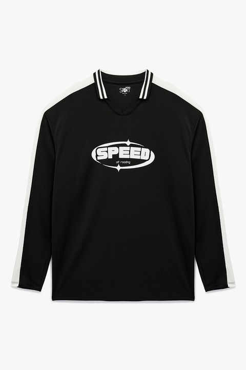 KOTON, Bluza de trening cu design text si decolteu polo, Alb/Negru