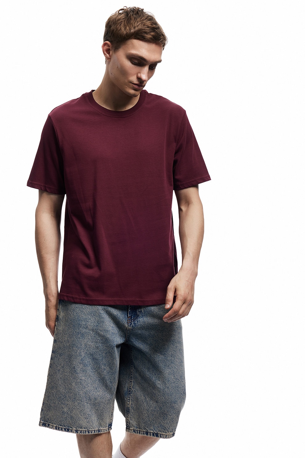 KOTON, Tricou regular fit din bumbac cu model uni, Visiniu, M