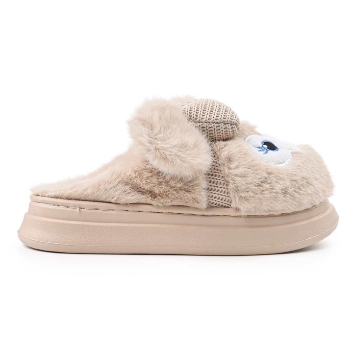 Papuci de casa Dama pufosi, cu papion, Cu Imblaniti, PD1058, Bej, 36-37