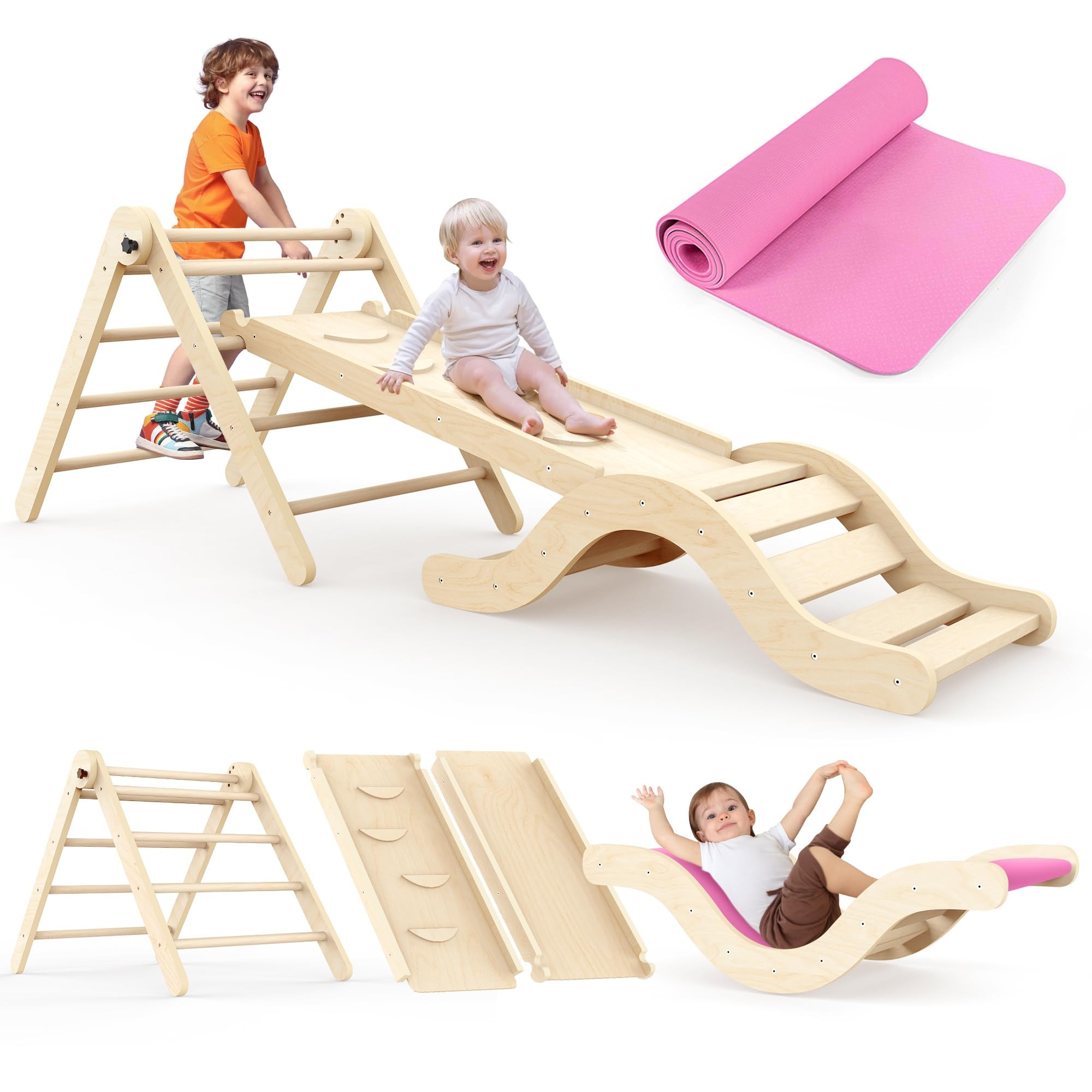 Set de joacă Montessori Puecrof, cadru de cățărat 7 în 1, tobogan