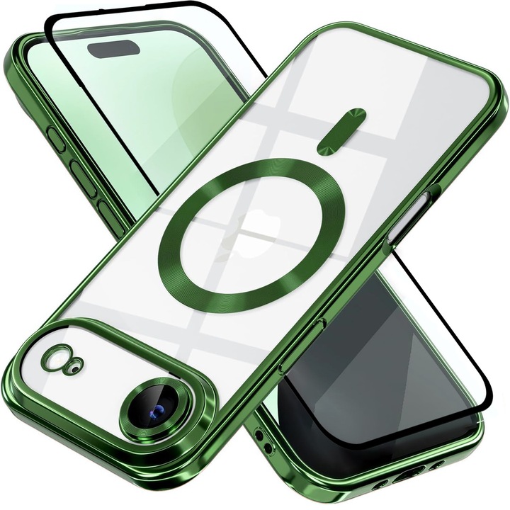 Csomag Tok plusz Teljesen fedő fólia iPhone 17 Air DaDen MagSafe Luxury, Ütésálló, Kamera védelem, Fémhatású élek, Átlátszó Zöld élekkel