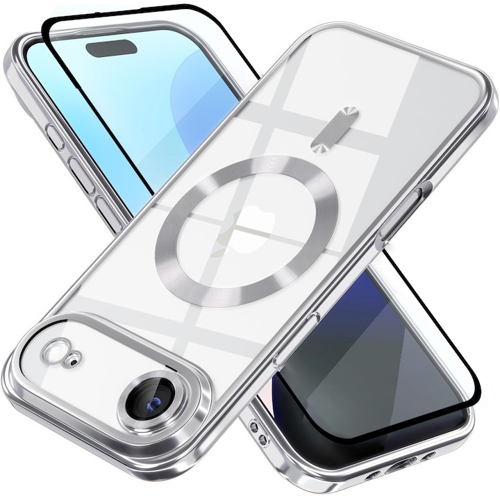 Husa csomag plusz teljes fedőfólia iPhone 17 Air DaDen MagSafe Luxury-hoz, ütésálló, kameravédelemmel, fémezett élekkel, átlátszó ezüst élekkel