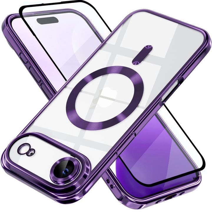 Husa plus Folie Full cover pachet iPhone 17 Air DaDen MagSafe Luxury, ütésálló, kameravédelem, fémes élek, átlátszó, lila élekkel