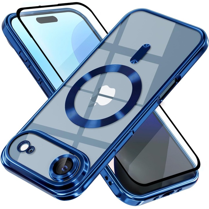 Csomag Tok plusz Teljesen fedő fólia iPhone 17 Air DaDen MagSafe Luxury, Ütésálló, Kamera védelem, Fémhatású élek, Átlátszó kék élekkel